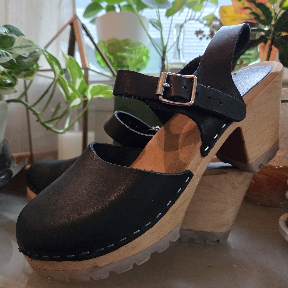 MIA Black Leather Mules with Wooden Platform